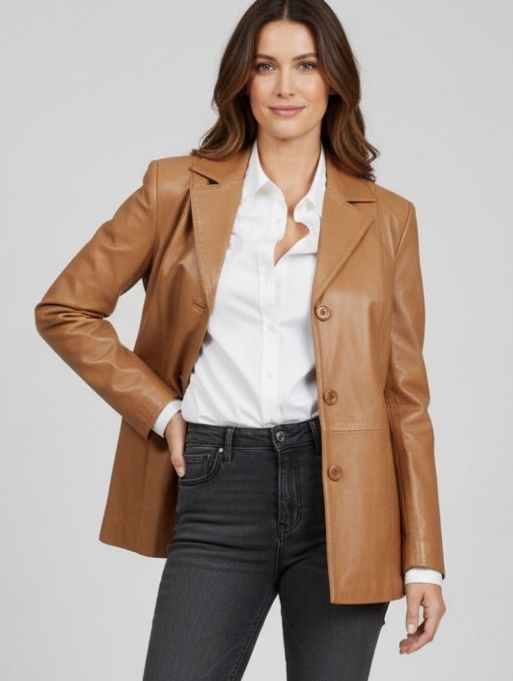 Y2K Leather Light Brown Button-Front Women's Jacket By Jessica Holbrook